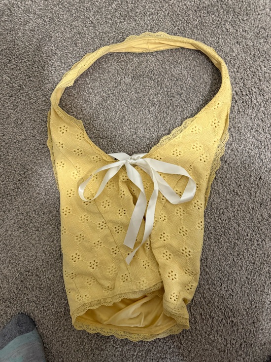 Kimchi Blue Tops - Kimchi Blue Yellow Eyelet Halter Tank with Ribbon Tie